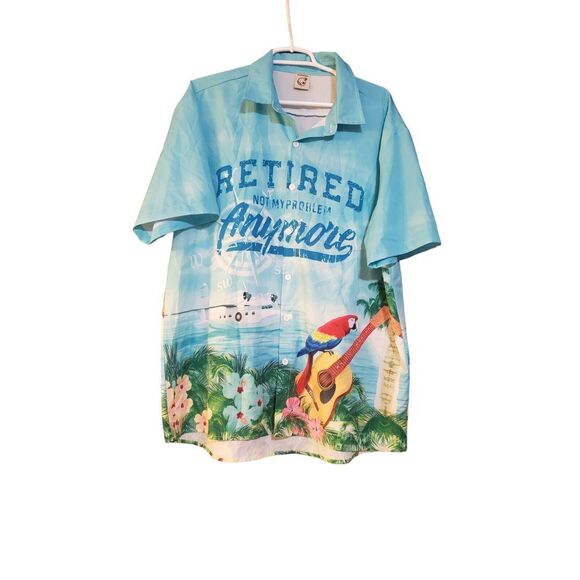 Hardaddy Hawaiian button-down "RETIRED not‎ my problem ANYMORE"  L Colorful Bird - Picture 1 of 15